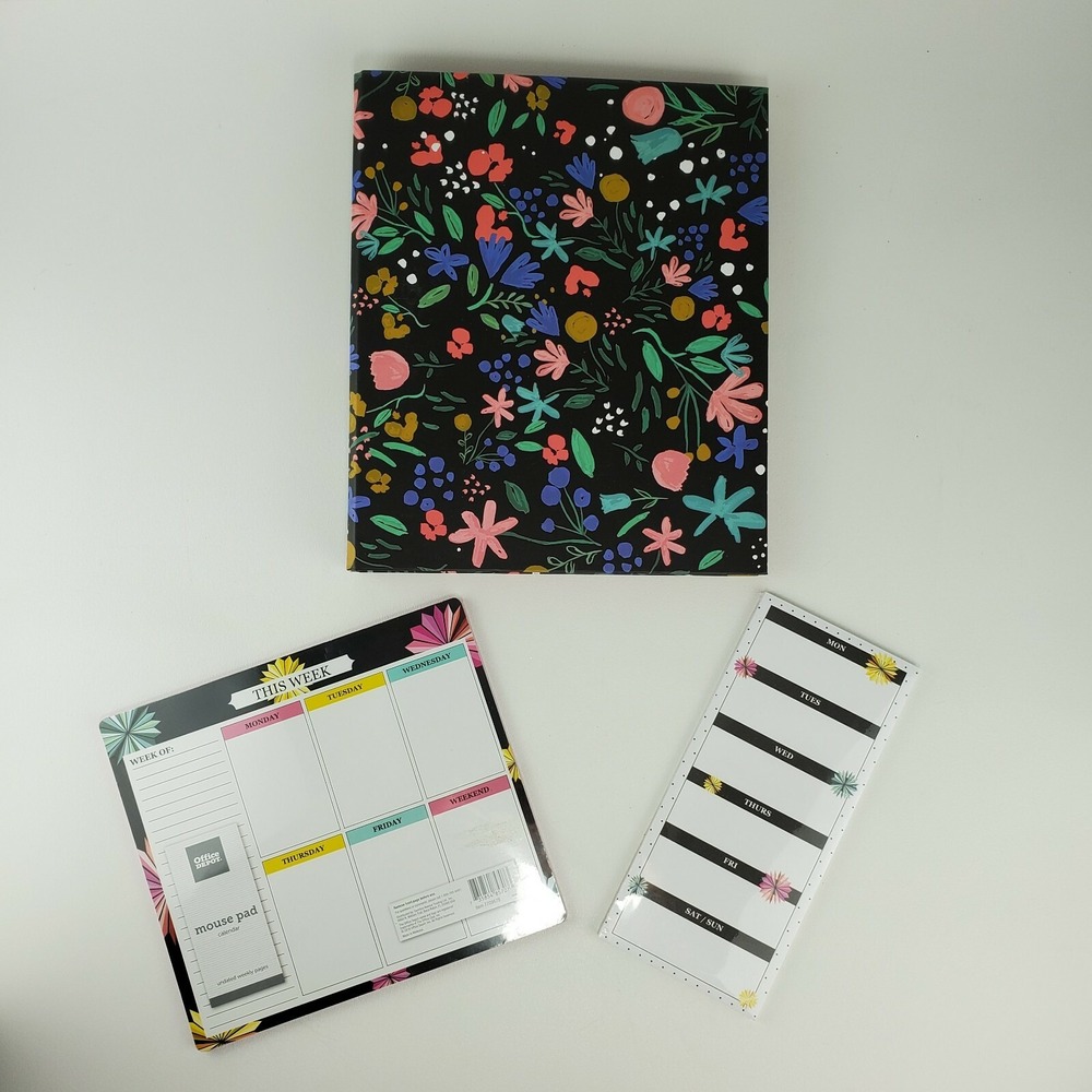 3 Pc Planner Cover Ring Leaf Paper Floral Binder Mouse Pad Calendar Weekly List